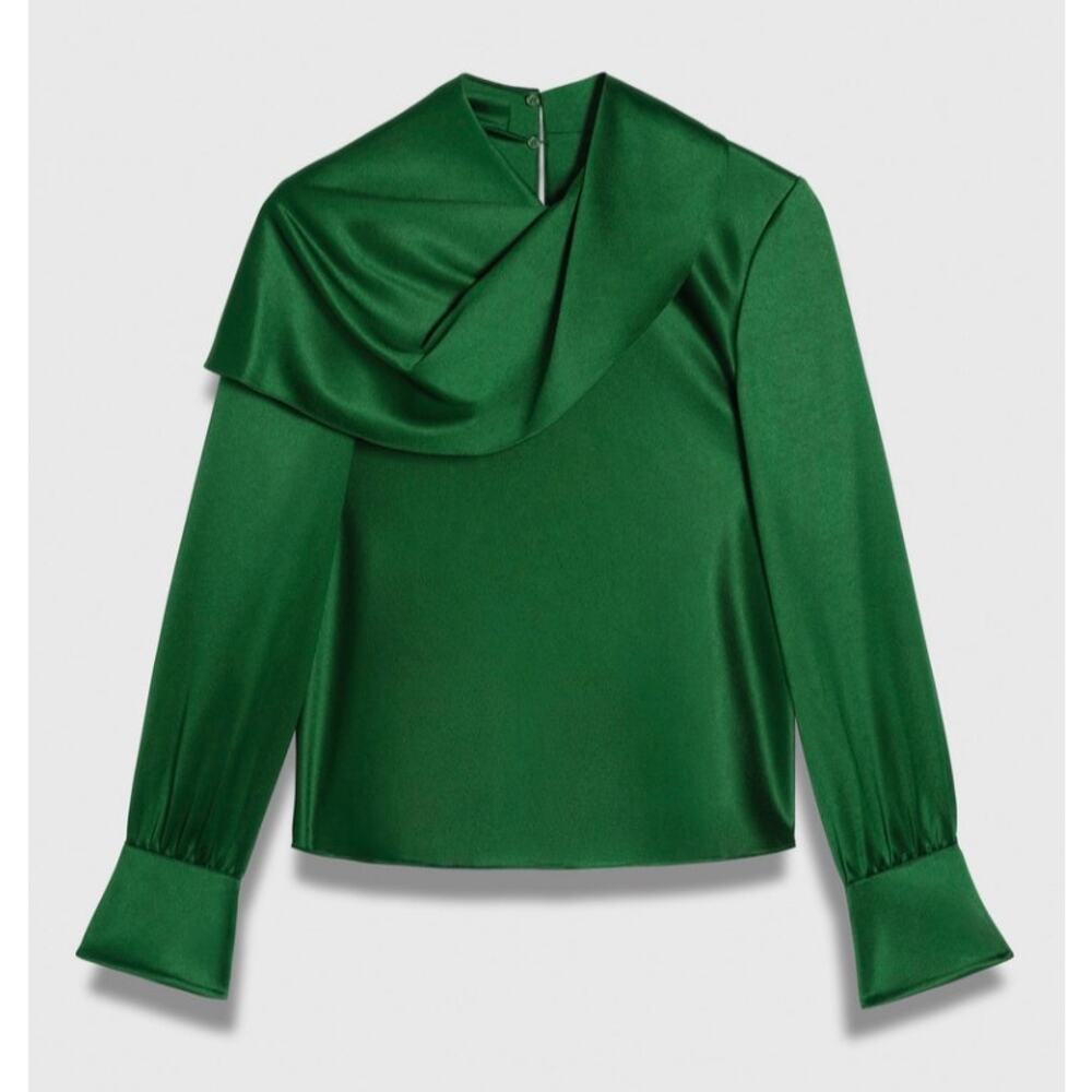The Fold Ocana Satin Long Sleeve Blouse Deep Emerald Women's 14 New Elegant - Picture 4 of 13